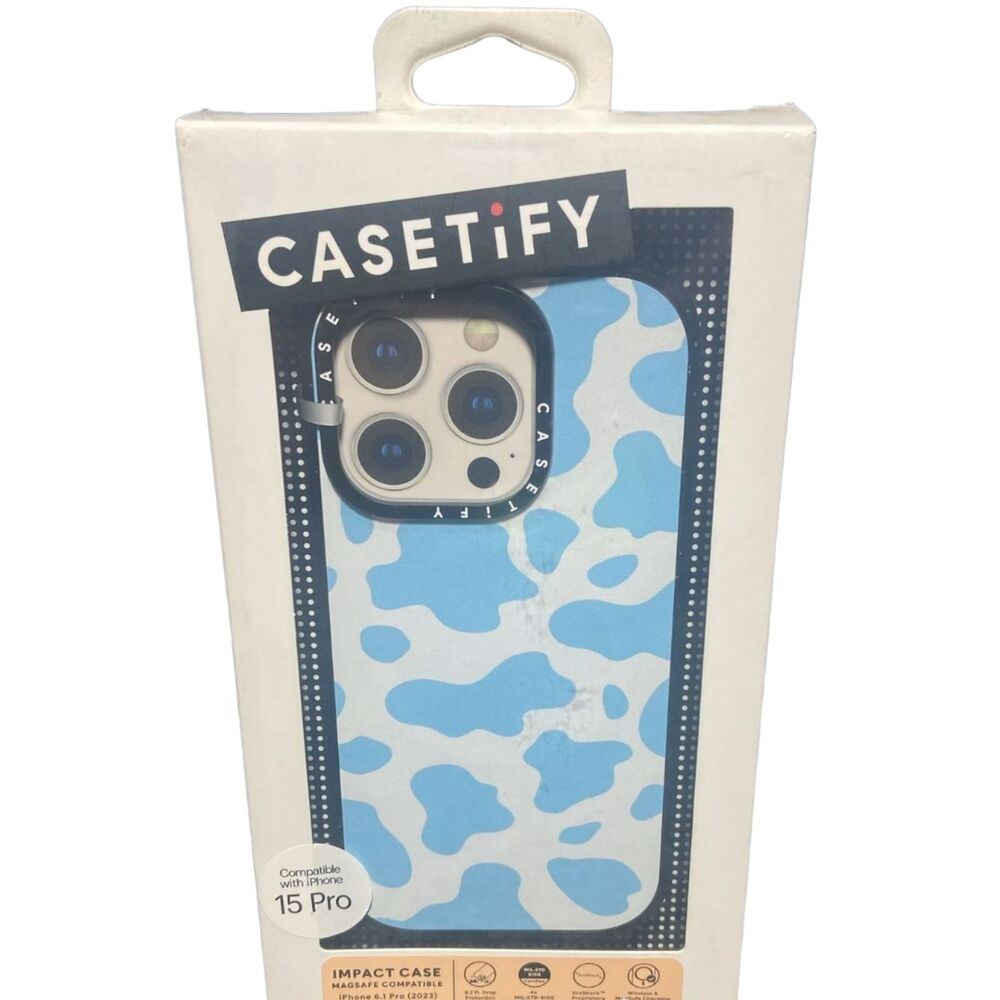 iPhone 15 Pro Case MagSafe CASETiFY Impact Blue Cow Print Protective Cover